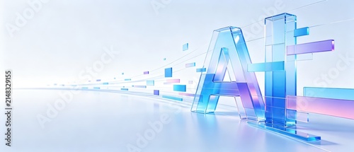 Transparent glass AI letters with flowing digital panels, idea for artificial intelligence presentation banner and technology innovation header