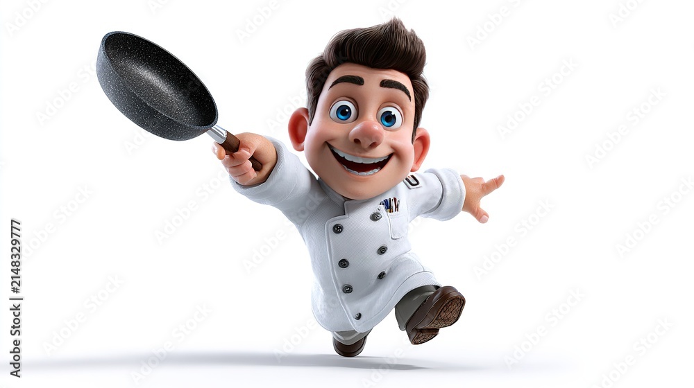 Obraz premium Happy Chef with Frying Pan: A cheerful, cartoon-style chef in a crisp white uniform leaps forward, brandishing a frying pan with a mischievous grin, ready to whip up a culinary masterpiece.
