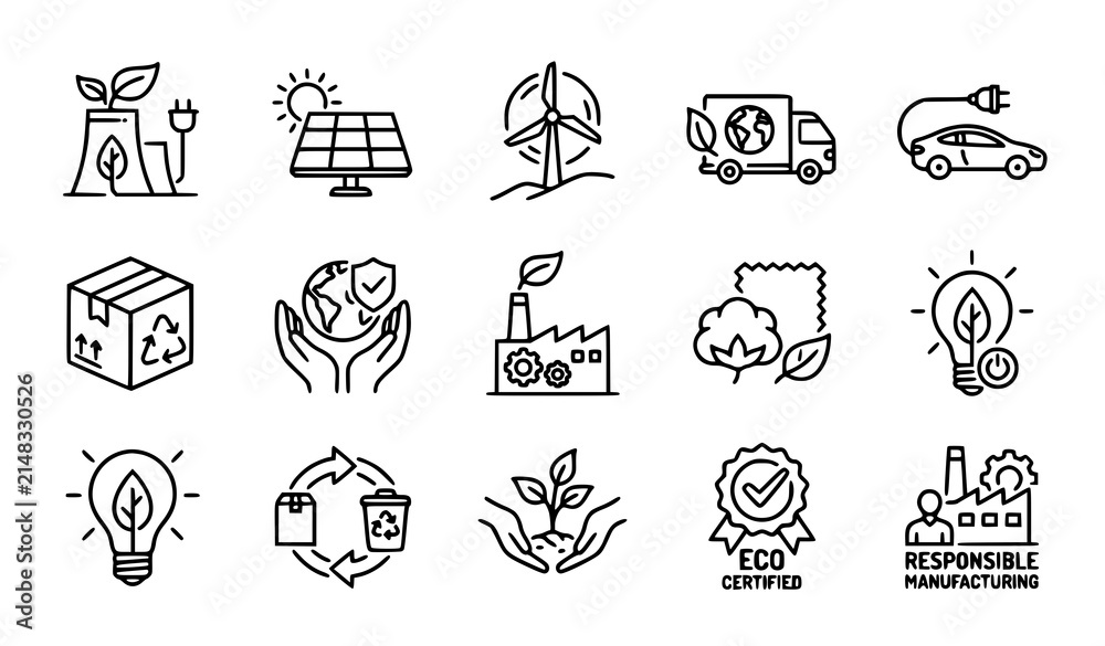 Fototapeta premium Green Energy and Ethical Production Monoline Icons Sustainable Ecology Vector Pack