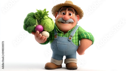 Cheerful Farmer with Fresh Produce: A jolly cartoon farmer, clad in overalls and a straw hat, proudly displays a healthy harvest of broccoli, radishes, and turnips.