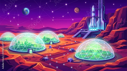 Mars colony base with glass domes greenhouses space rocket launchpad and rovers space colonization concept