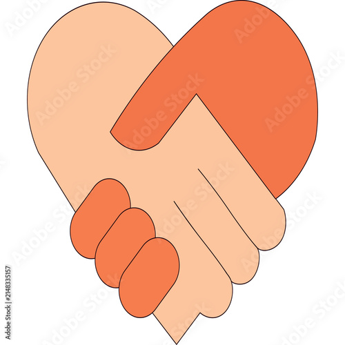 Flat vector illustration of two hands shaking to form a heart shape symbolizing partnership and mutual agreement