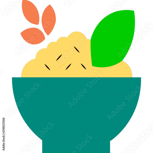 Healthy bowl of organic cereal or porridge grain with fresh green leaves in flat vector style