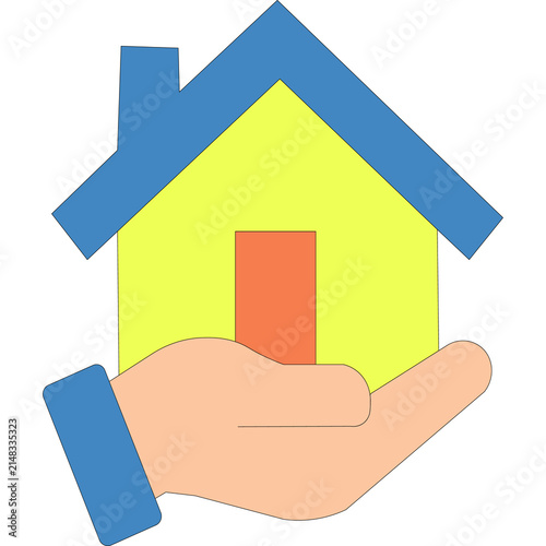 Minimalist graphic illustration of a human hand holding a house symbol representing real estate investment and home protection