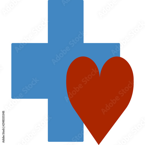 Flat illustration of a blue medical cross symbol combined with a red heart icon representing healthcare and cardiology