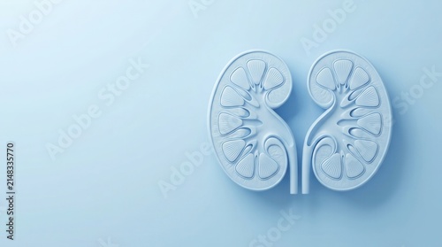 Nephrology concept featuring a decorative human kidneys model on pastel blue background with copy space.
