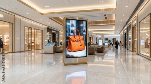 Fototapeta kuchenna Shopping mall fashion bags store featuring a vertical LED TV screen perfect for your logo and branding
