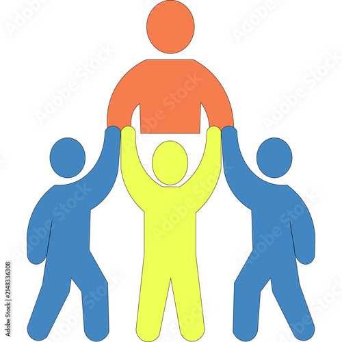 Three diverse colored people icons lifting a leader figure representing teamwork and business success