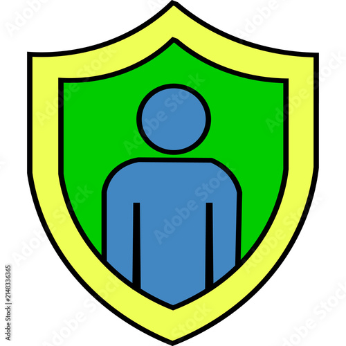 Minimalist vector illustration of a blue human icon inside a green and yellow security shield.