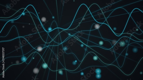 Fotografía Cyan wavy lines data visualization background with glowing dots and perspective