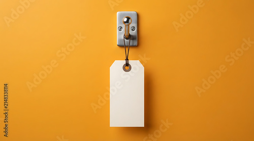 Blank white paper label tag hanging on a silver metal hook against a bright orange wall background for retail branding or store price tag advertisement promotion display mockup template