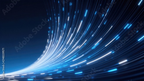Abstract blue fiber optic light trails with high speed digital network background, idea for AI, cloud computing, communication technology, business banner and innovation presentation