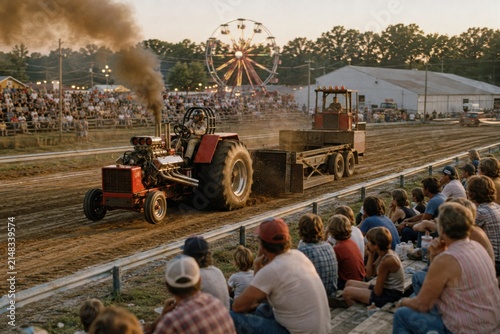 Tractor pulling competition at rural fair with smoke and crowd. Agricultural machinery event showcasing power and farming culture in action.