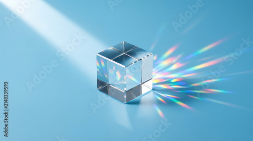 Glass cube refracting light with colorful rainbow beams on a soft blue background representing science physics and optical experiment for modern minimal design and digital art background