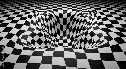 A surreal black and white checkered floor creates a mind-bending optical illusion with warped tiles that appear to sink into deep cavities, liquid, warp, creative