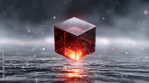 A glowing red transparent cube hovers above a reflective, textured surface, emitting light and surrounded by soft particles in a dark, misty environment.