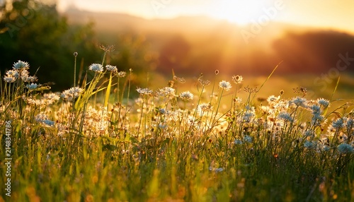 Wild Field Flowers And Green Grass Sun Light Meadow Summer Spring Nature