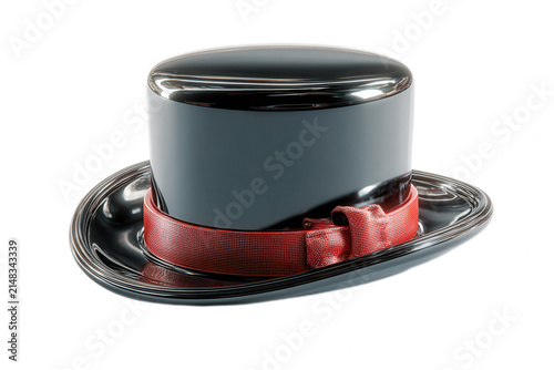 Glossy Black Top Hat with Red Ribbon Isolated on White