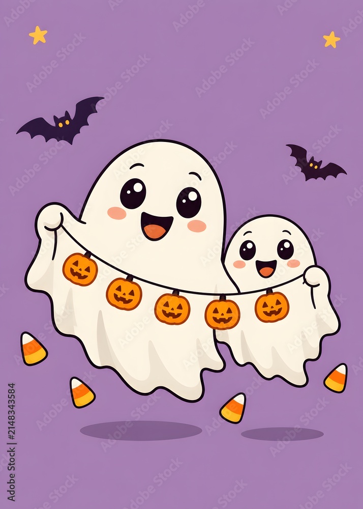 Obraz premium Cute cartoon ghosts holding a pumpkin garland with bats and candy corn