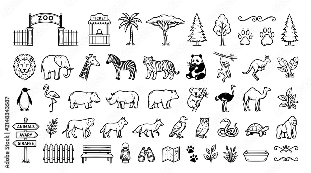 Obraz premium Hand drawn zoo animal icons set. Doodle wildlife collection for kids design projects.