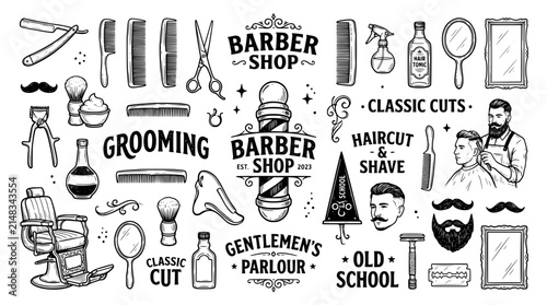 Barber shop hand drawn icons collection. Vintage grooming tools and hair salon design elements.