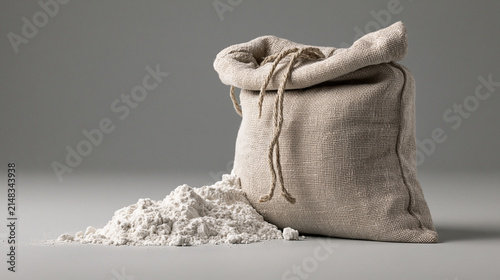 Burlap sack of diatomaceous earth with spilled powder on sweep, ecommerce banner concept
