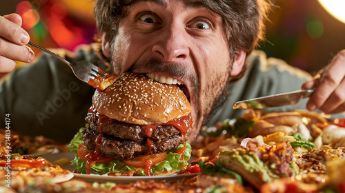 Man with oversized burger and fast food spread, gluttony and excess concept.