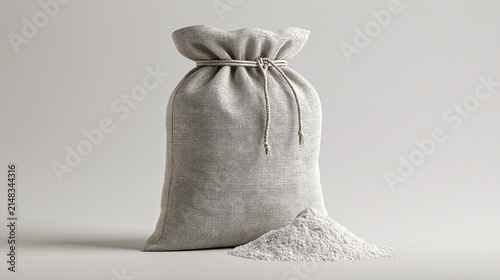 Burlap sack of diatomaceous earth with spilled powder on sweep, ecommerce banner concept