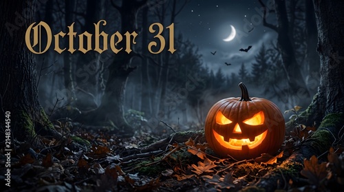 A glowing jack o lantern pumpkin sits in a dark spooky forest under a crescent moon for halloween october thirty first