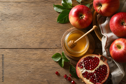 Autumn apples honey and pomegranate flat lay