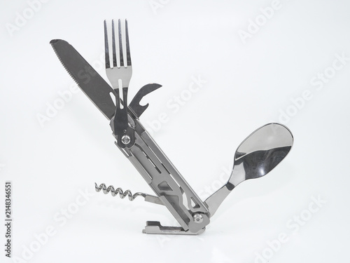Obraz na płótnie Stainless steel multi tool folding cutlery set fork spoon knife