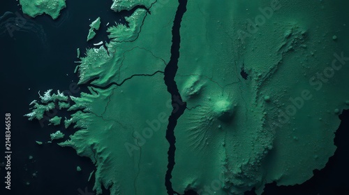 Abstract green map with a deep central split. Cinematic terrain division in dark tones.
