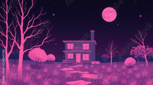 Surreal house landscape with pink moon. Eerie night scenery in modern flat vector style.
