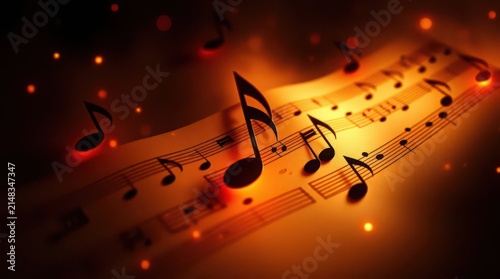 Floating musical notes in cinematic golden light. Abstract melody background with bokeh.