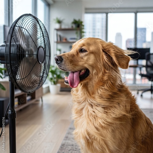 Happy golden retriever cooling off in front of electric fan