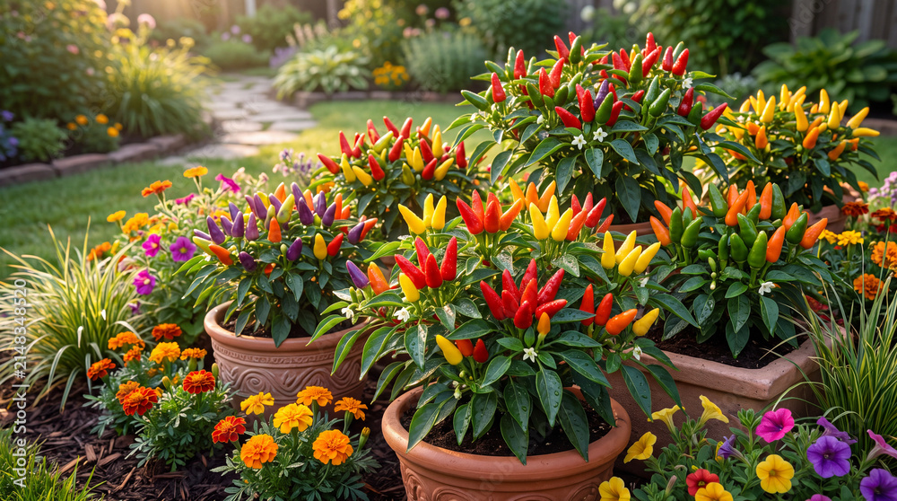 Fototapeta premium Ornamental hot peppers in colorful garden pots during sunset 