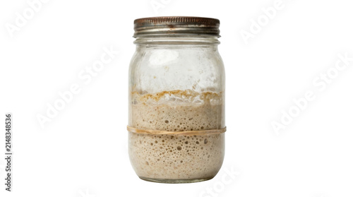 Sourdough starter in a glass jar with a rusty lid PNG Isolated on transparent background