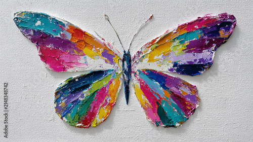 Artistic digital painting of a colorful butterfly with spread wings featuring dynamic paint splashes, ink splatters, and vibrant brush strokes on a clean white backdrop.
