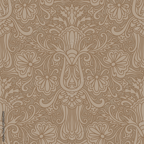 Damask style, paisley floral pattern, abstraction, swirl flowers, beige and brown colors. Seamless floral pattern-1100.