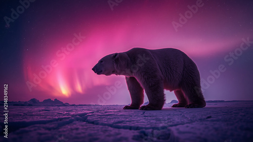 A Majestic Polar Bear Under Pink Northern Lights