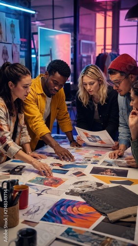 Diverse creative team reviewing artwork and mood boards in a studio, collaborative design for business advertising