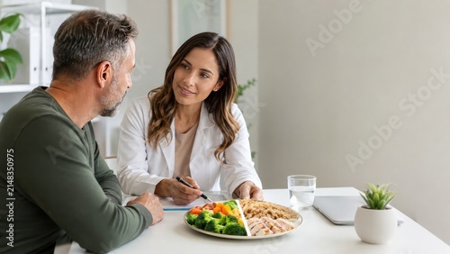 Dietitian discussing a balanced meal with a male patient, GLP-1 nutrition counseling for medical advertising