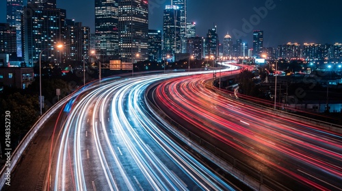 Dynamic city highway at night, long exposure captures vibrant light trails from moving vehicles, urban skyline.	