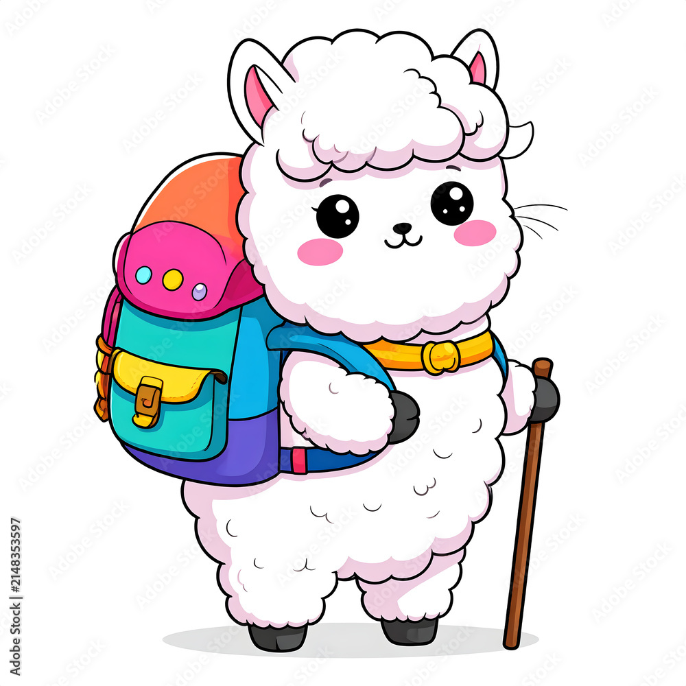 Naklejka premium Cute fluffy alpaca hiking happily with a colorful backpack and walking stick for cheerful design generative AI