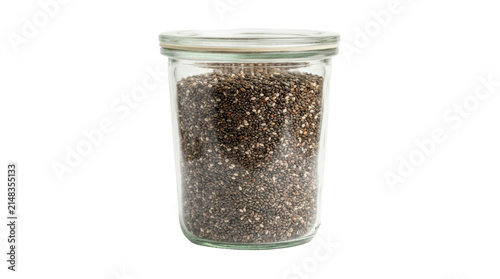 Glass jar filled with chia seeds PNG Isolated on transparent background