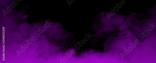 Purple smoke and glowing fog rising on black background with copy space, creating an abstract mist atmosphere for overlays, cinematic effects, fantasy designs and visual backgrounds.