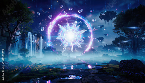 Magical fantasy landscape at night with a glowing crystal portal, waterfall, and floating islands over a serene lake