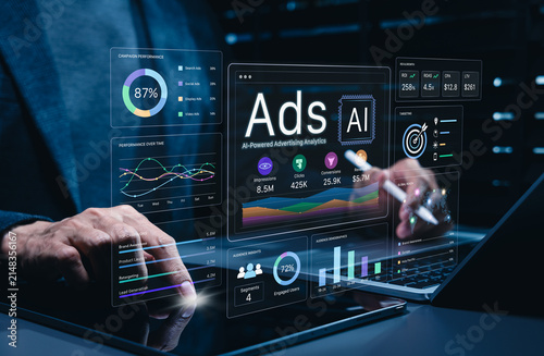 AI advertising analytics dashboard helps marketer monitor campaign performance, impressions, click, conversions, revenue, targeting, audience insight, ROI, reach for data driven marketing optimization