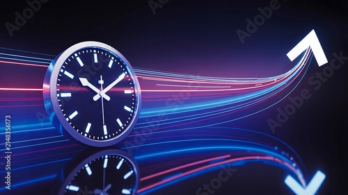 Clock with upward arrows symbolizing time management, growth and business progress