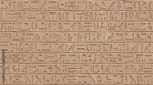 Detailed texture of ancient Egyptian hieroglyphs meticulously carved into a sandy stone wall. Perfect for historical, cultural, and design backgrounds.